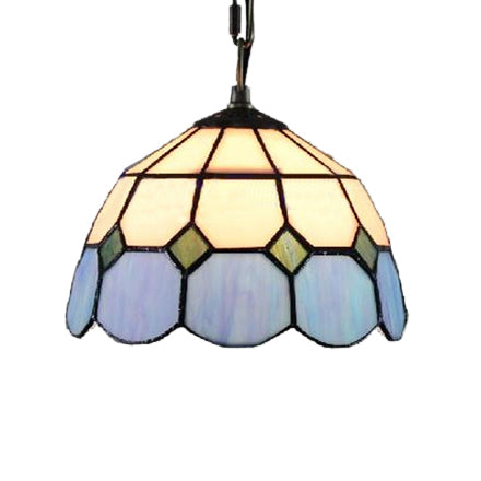 Tiffany Glass Ceiling Pendant Light - Green/Blue Hand Cut, 1-Head Suspension Lamp for Restaurants