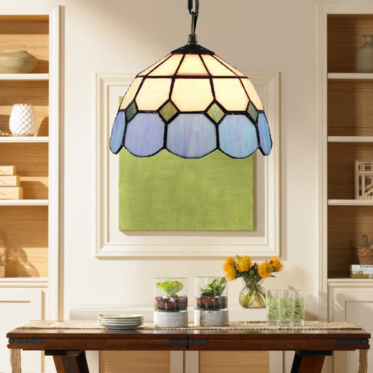 Tiffany Style Hand-Cut Glass Ceiling Lamp - Green/Blue Dome Pendant Light For Restaurants Blue