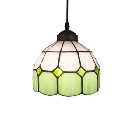 Tiffany Glass Ceiling Pendant Light - Green/Blue Hand Cut, 1-Head Suspension Lamp for Restaurants