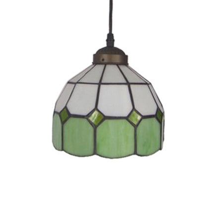 Tiffany Glass Ceiling Pendant Light - Green/Blue Hand Cut, 1-Head Suspension Lamp for Restaurants