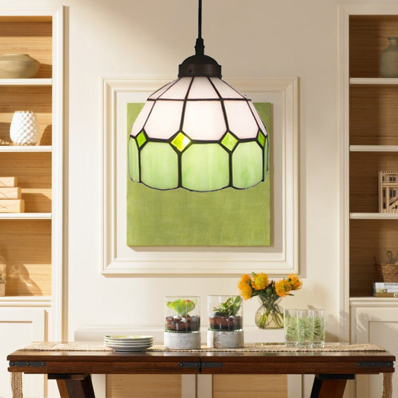 Tiffany Style Hand-Cut Glass Ceiling Lamp - Green/Blue Dome Pendant Light For Restaurants Green