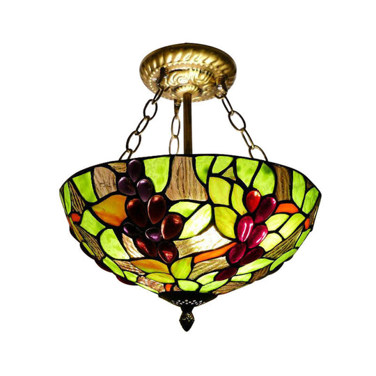 12"/16" W Inverted Semi Flush Light: Stained Glass Bowl Shade, Green