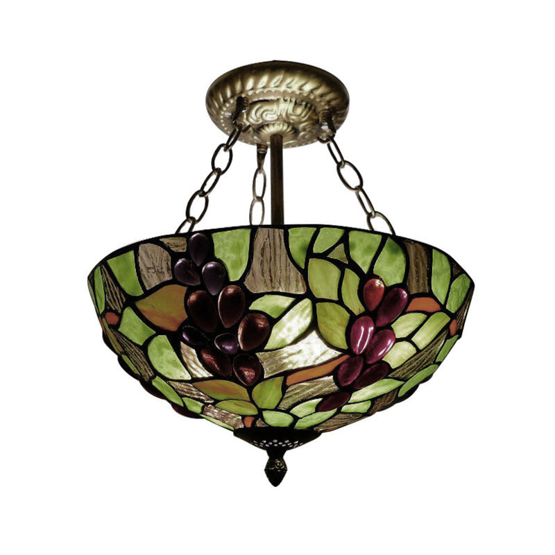 12"/16" W Inverted Semi Flush Light: Stained Glass Bowl Shade, Green