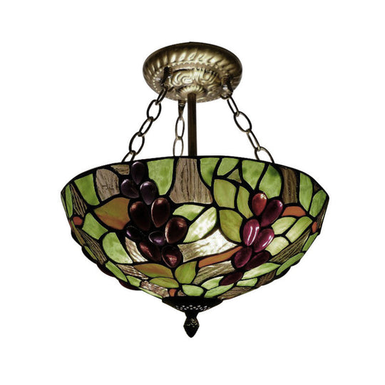 12/16 W Inverted Semi Flush Light: Stained Glass Bowl Shade Green