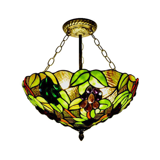 12"/16" W Inverted Semi Flush Light: Stained Glass Bowl Shade, Green