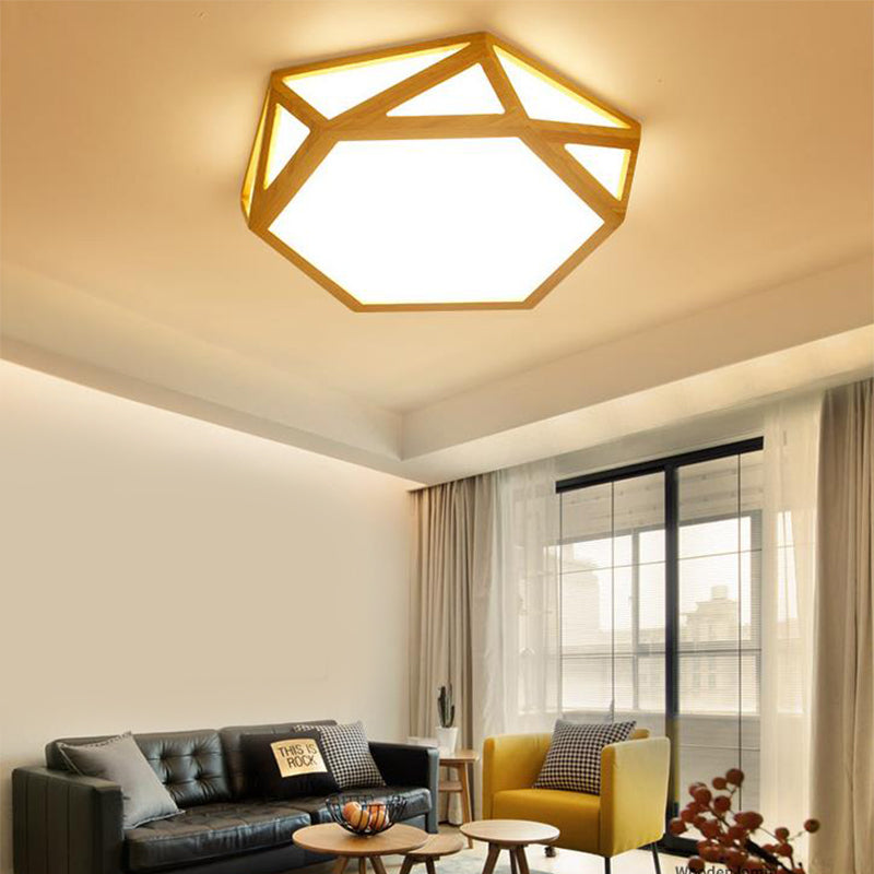 Wide Geometric Flush Mount Nordic Wood Led Lamp - 16/19.5/23.5 Beige Design For Living Room