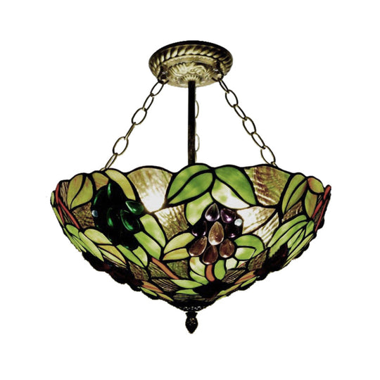 12"/16" W Inverted Semi Flush Light: Stained Glass Bowl Shade, Green