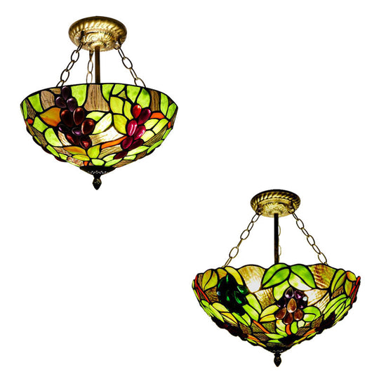 Rustic Green Leaf Pattern Ceiling Light Fixture - Inverted Bowl Design, Ideal for Foyer, Semi Flush Mount