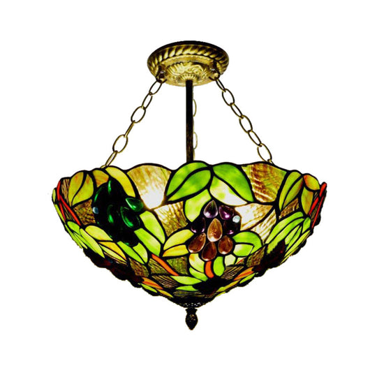 Rustic Green Leaf Pattern Ceiling Light Fixture - Inverted Bowl Design, Ideal for Foyer, Semi Flush Mount