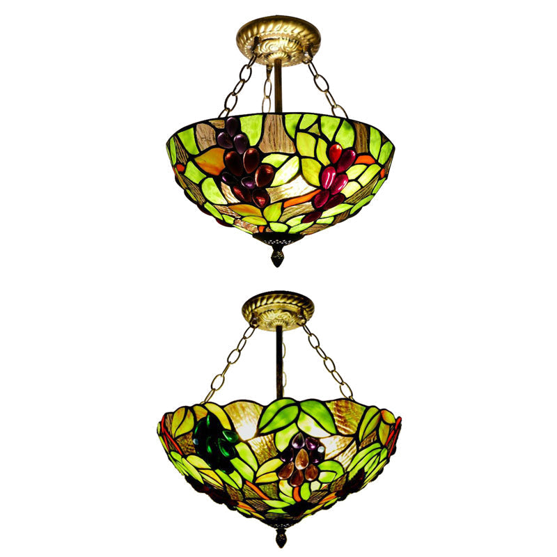 Rustic Green Leaf Pattern Ceiling Light Fixture - Inverted Bowl Design, Ideal for Foyer, Semi Flush Mount