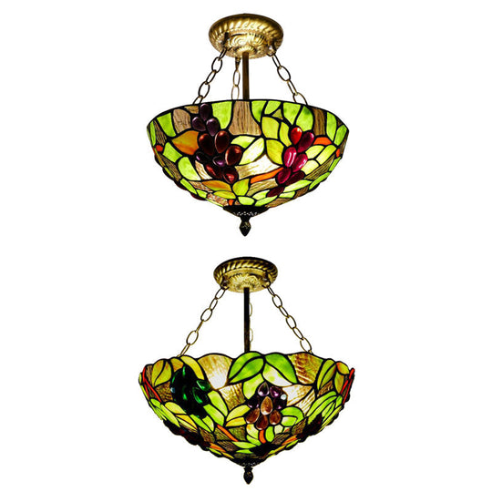 Rustic Leaf Pattern Inverted Bowl Ceiling Light Fixture - Semi Flush For Foyer Green