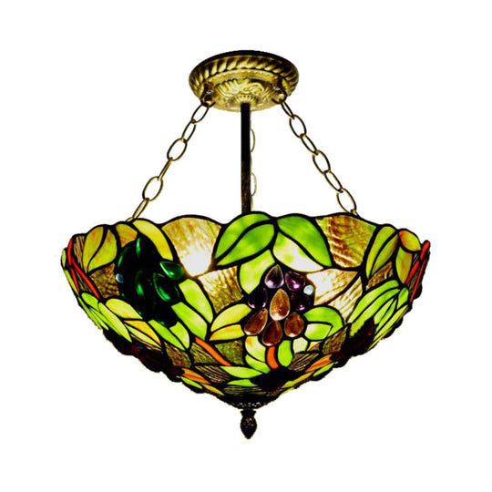 Rustic Green Leaf Pattern Ceiling Light Fixture - Inverted Bowl Design, Ideal for Foyer, Semi Flush Mount