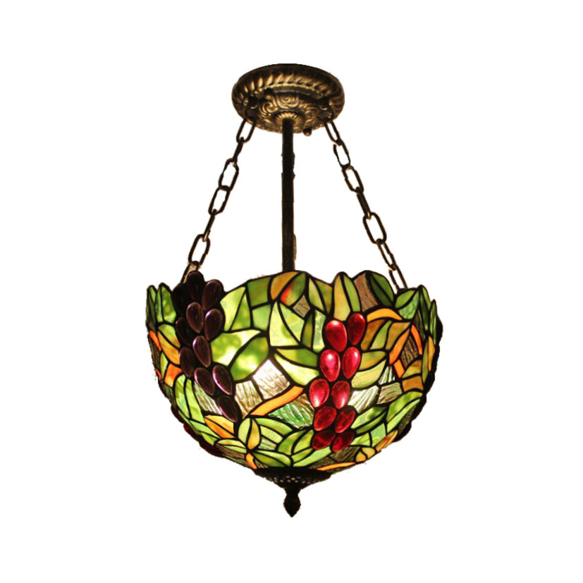 Rustic Leaf Pattern Inverted Bowl Ceiling Light Fixture - Semi Flush For Foyer Green / B