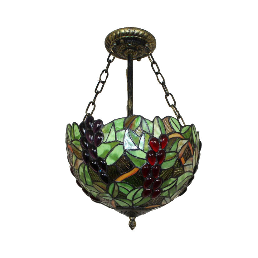 Rustic Green Leaf Pattern Ceiling Light Fixture - Inverted Bowl Design, Ideal for Foyer, Semi Flush Mount