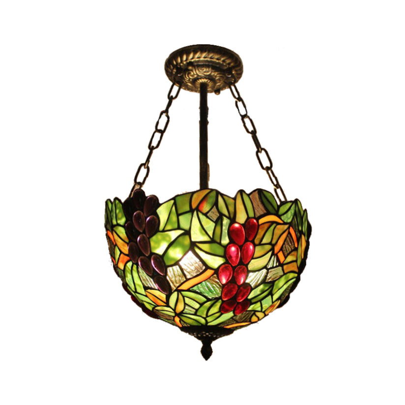 Rustic Green Leaf Pattern Ceiling Light Fixture - Inverted Bowl Design, Ideal for Foyer, Semi Flush Mount