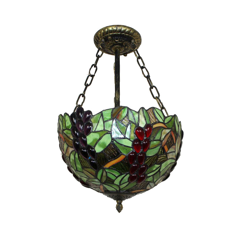 Rustic Green Leaf Pattern Ceiling Light Fixture - Inverted Bowl Design, Ideal for Foyer, Semi Flush Mount