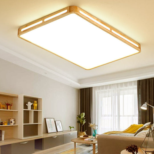 Minimalist Wood Beige Led Flush Mount Lamp For Bedroom - 25.5/37.5 Wide Rectangle Ceiling Light /