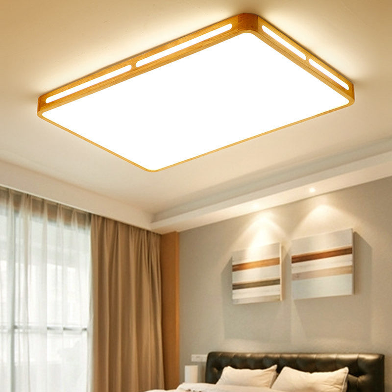 Minimalist Wood Beige Led Flush Mount Lamp For Bedroom - 25.5/37.5 Wide Rectangle Ceiling Light