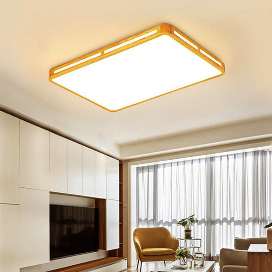 Minimalist Wood Beige Led Flush Mount Lamp For Bedroom - 25.5/37.5 Wide Rectangle Ceiling Light