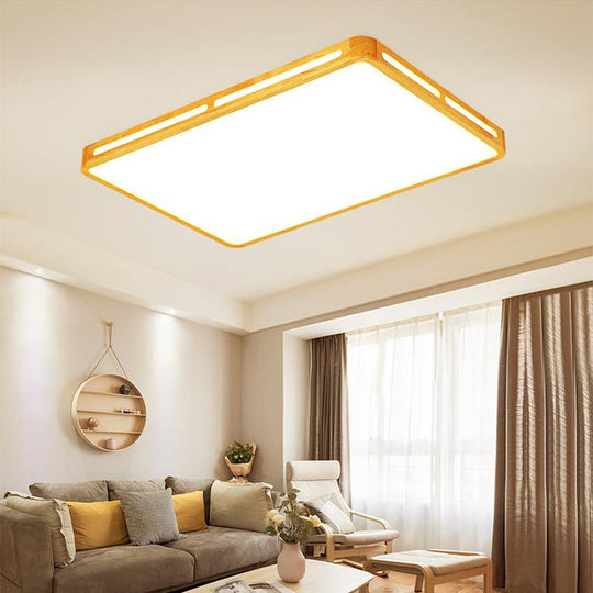 Minimalist Wood Beige Led Flush Mount Lamp For Bedroom - 25.5/37.5 Wide Rectangle Ceiling Light