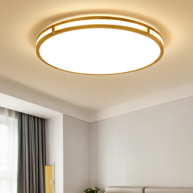 Contemporary Wood Beige Led Flush Mount Lamp - 14/16/19.5 Dia Circle With Acrylic Diffuser