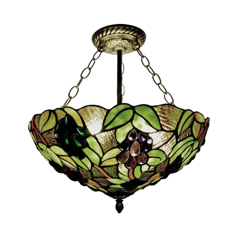 Rustic Green Leaf Pattern Ceiling Light Fixture - Inverted Bowl Design, Ideal for Foyer, Semi Flush Mount