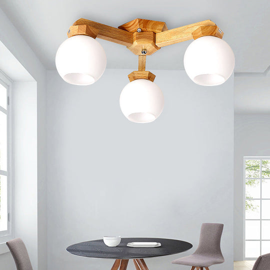 Contemporary Milk Glass Semi Flush Mount Light with Wood Fixture Arm - 3/5/7 Lights Branch Semi Mount Lighting (Beige)