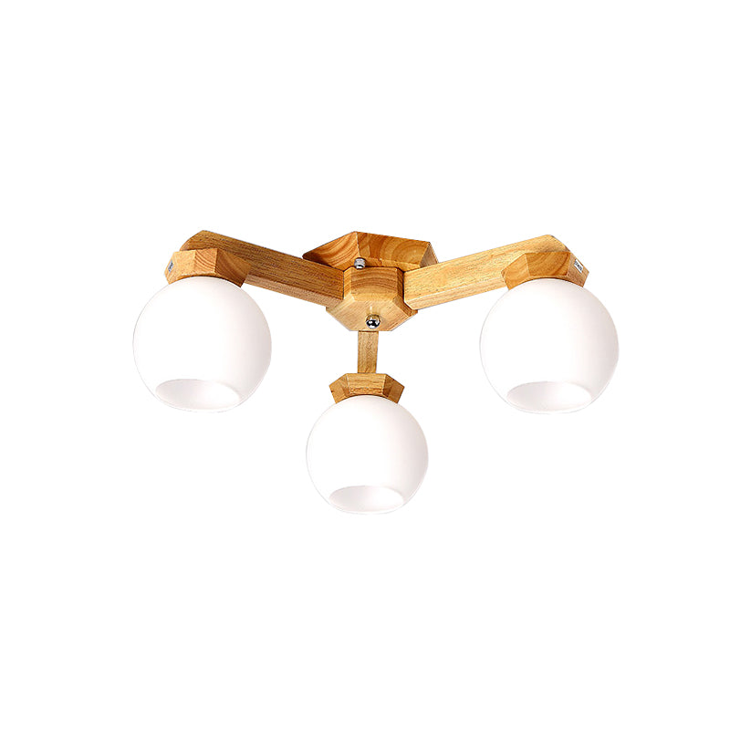 Contemporary Milk Glass Semi Flush Mount Light with Wood Fixture Arm - 3/5/7 Lights Branch Semi Mount Lighting (Beige)