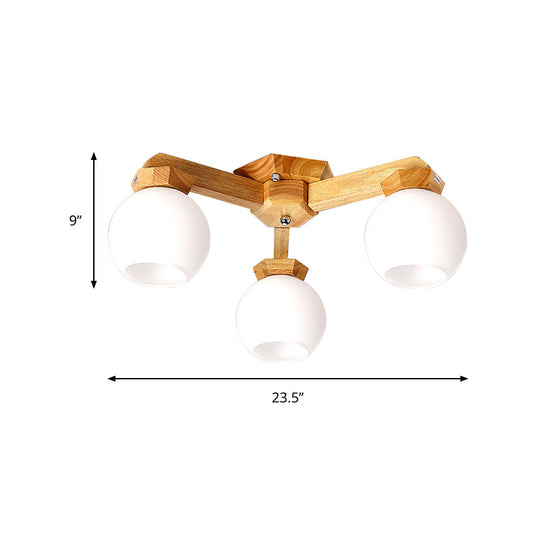 Contemporary Milk Glass Semi Flush Mount Light with Wood Fixture Arm - 3/5/7 Lights Branch Semi Mount Lighting (Beige)