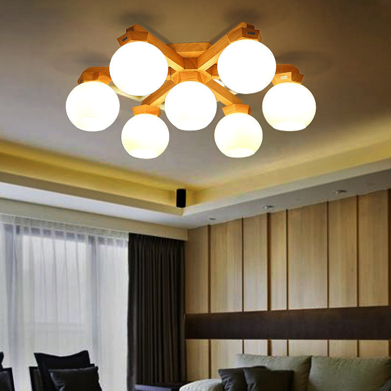 Contemporary Milk Glass Semi Flush Mount Light With Wood Fixture Arm - 3/5/7 Lights Branch Lighting