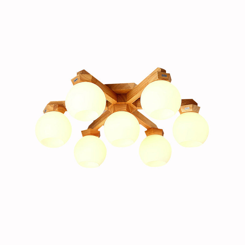 Contemporary Milk Glass Semi Flush Mount Light with Wood Fixture Arm - 3/5/7 Lights Branch Semi Mount Lighting (Beige)