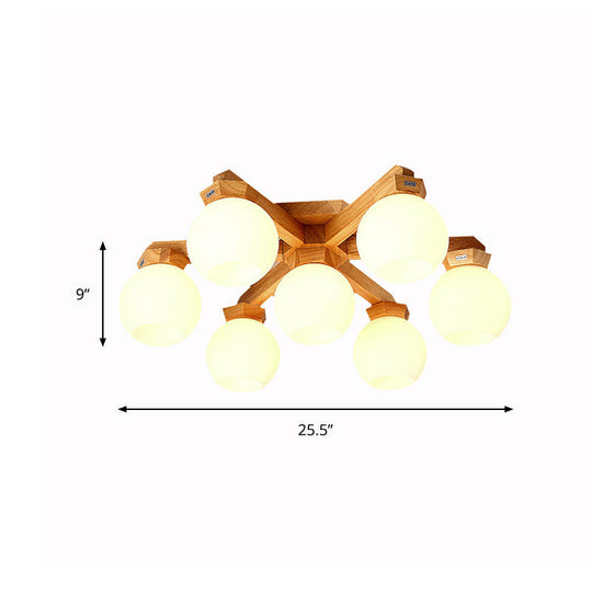 Contemporary Milk Glass Semi Flush Mount Light With Wood Fixture Arm - 3/5/7 Lights Branch Lighting