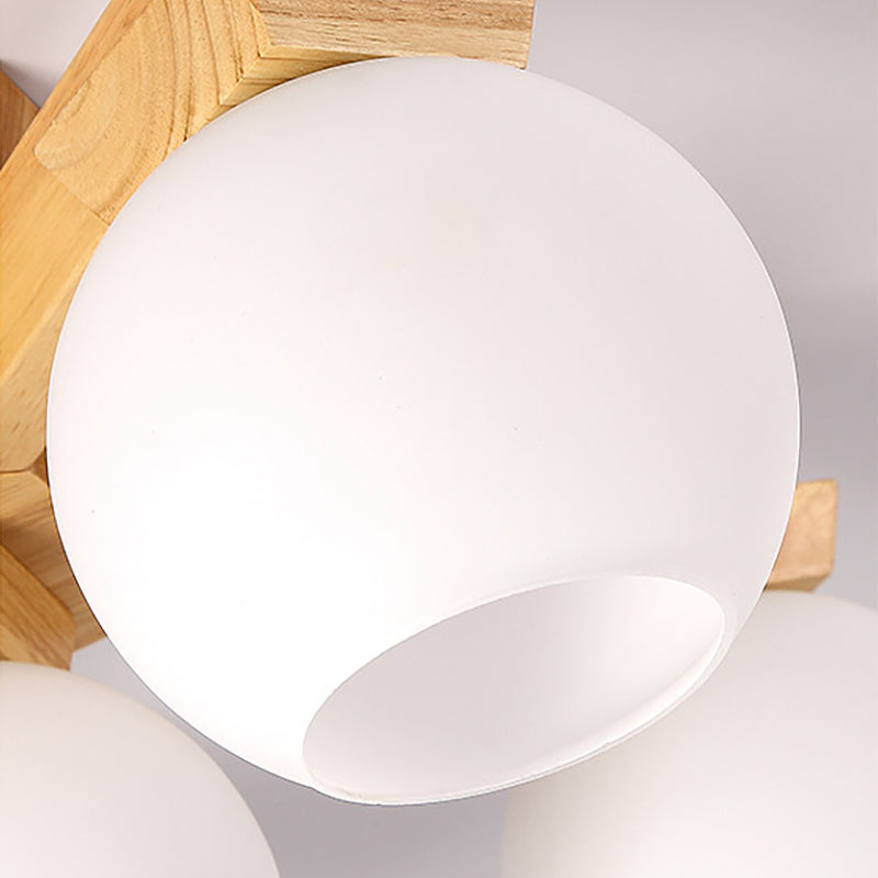 Contemporary Milk Glass Semi Flush Mount Light with Wood Fixture Arm - 3/5/7 Lights Branch Semi Mount Lighting (Beige)