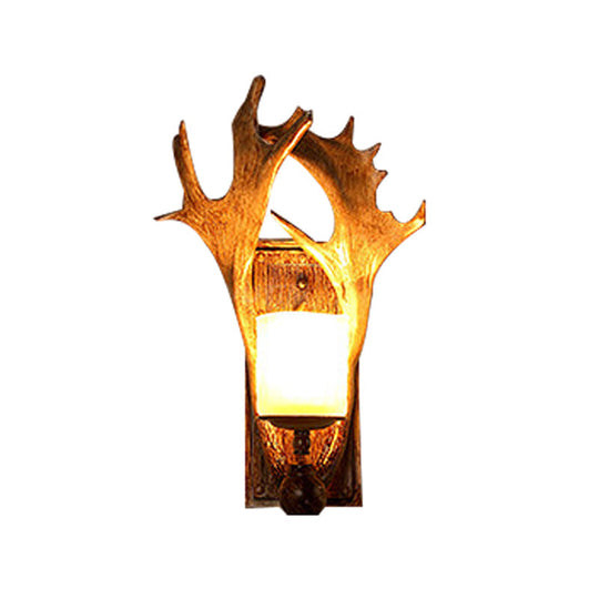 Antler Decor Wall Mount Light With Beige Glass Fixture In Brown - Traditional Cup Style