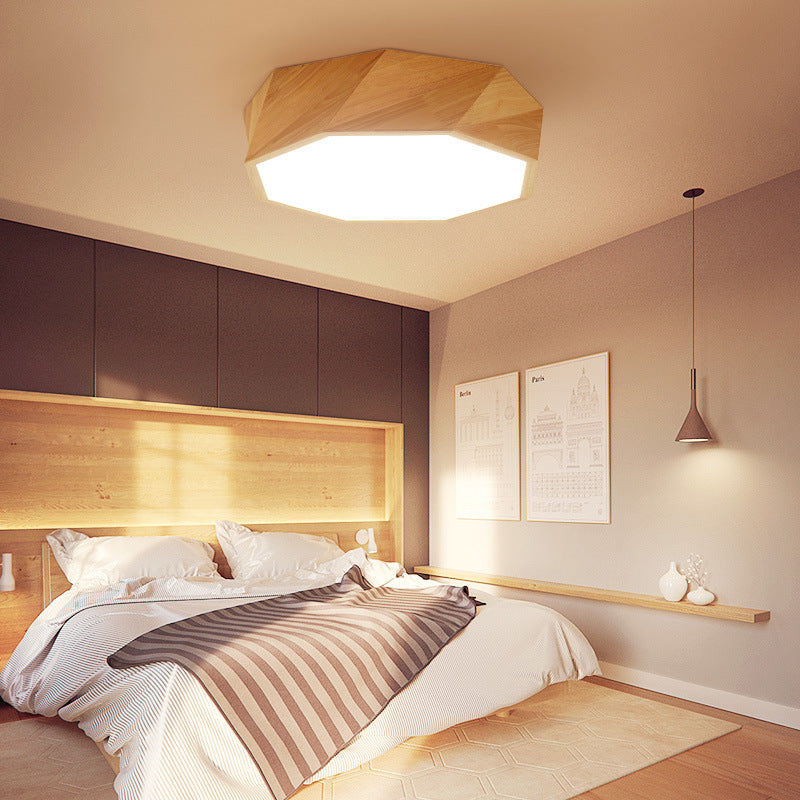 Modern Beige Wood Led Ceiling Light With Acrylic Diffuser - Geometric Flush Mount Fixture