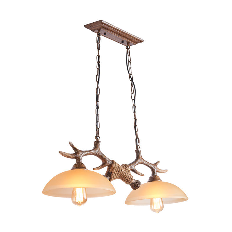 Rustic Beige Glass Island Pendant Light With Antler Decor - Bowl Shape 2 Bulbs Ideal For Restaurant