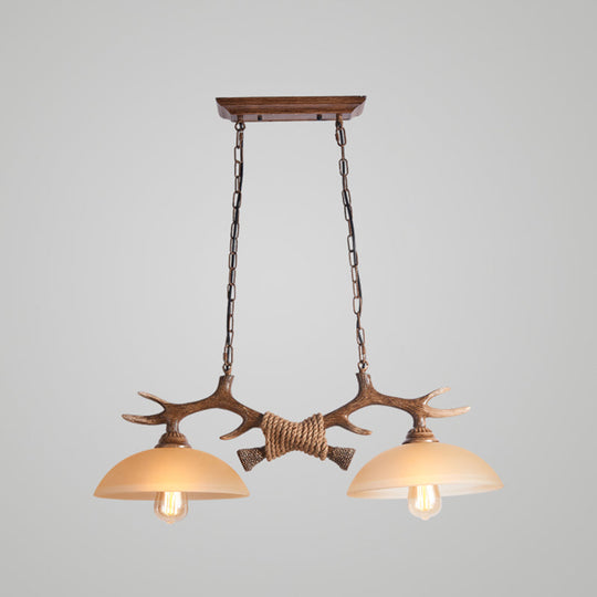 Rustic Beige Glass Island Pendant Light With Antler Decor - Bowl Shape 2 Bulbs Ideal For Restaurant