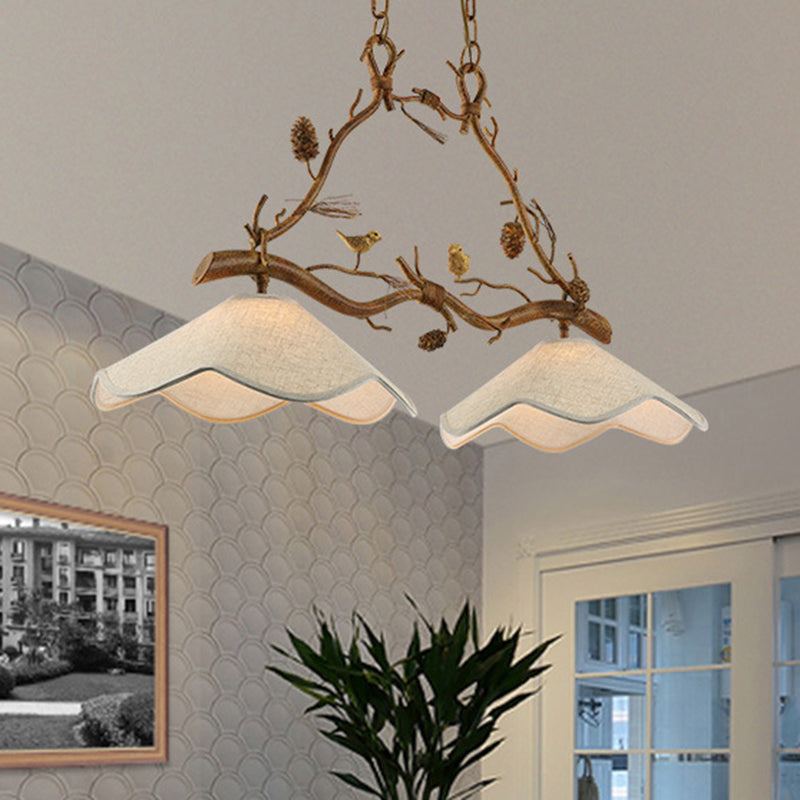 Classic 2-Head Resin Branch Suspension Light With Scalloped Shade - Brown