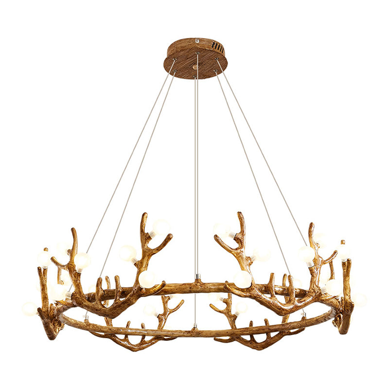 Vintage Resin Brown Led Chandelier Light - Antler Living Room Ceiling Lighting With Frosted Glass