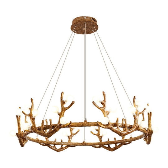 Vintage Resin Brown Led Chandelier Light - Antler Living Room Ceiling Lighting With Frosted Glass