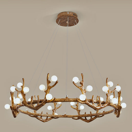 Vintage Resin Brown Led Chandelier Light - Antler Living Room Ceiling Lighting With Frosted Glass