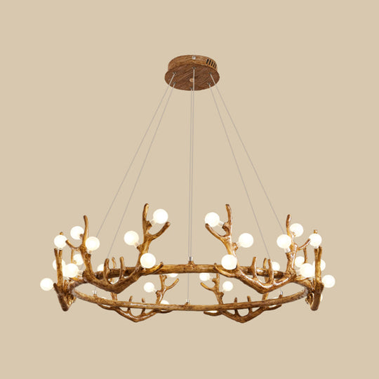 Vintage Resin Brown Led Chandelier Light - Antler Living Room Ceiling Lighting With Frosted Glass