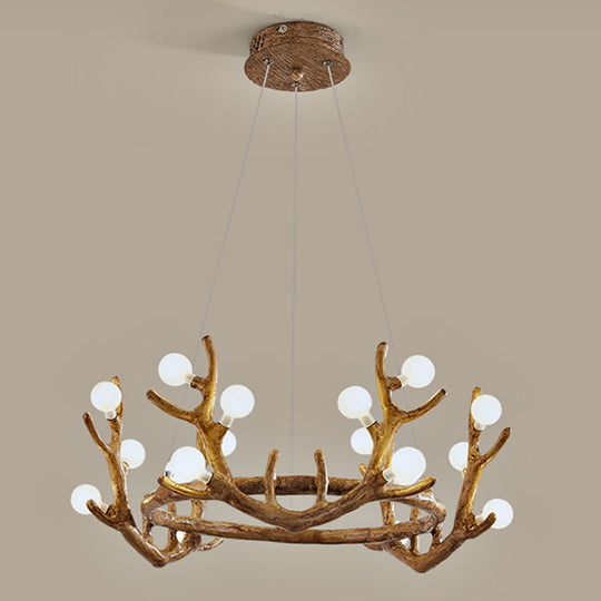 Vintage Resin Brown Led Chandelier Light - Antler Living Room Ceiling Lighting With Frosted Glass