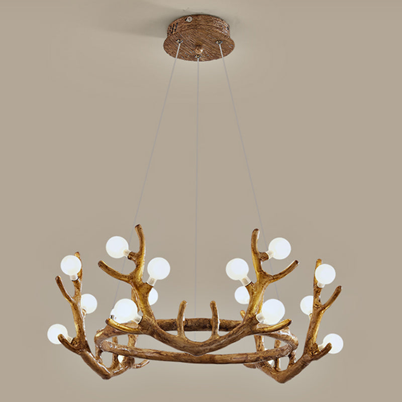 Vintage Resin Brown Led Chandelier Light - Antler Living Room Ceiling Lighting With Frosted Glass