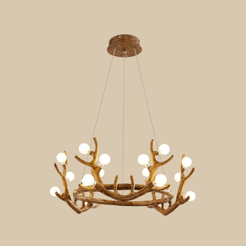 Vintage Resin Brown Led Chandelier Light - Antler Living Room Ceiling Lighting With Frosted Glass