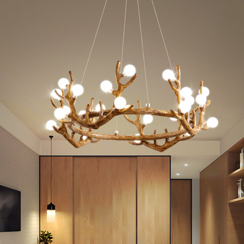 Vintage Resin Brown Led Chandelier Light - Antler Living Room Ceiling Lighting With Frosted Glass