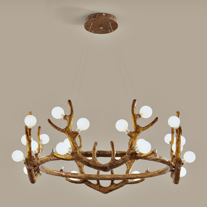 Vintage Resin Brown Led Chandelier Light - Antler Living Room Ceiling Lighting With Frosted Glass