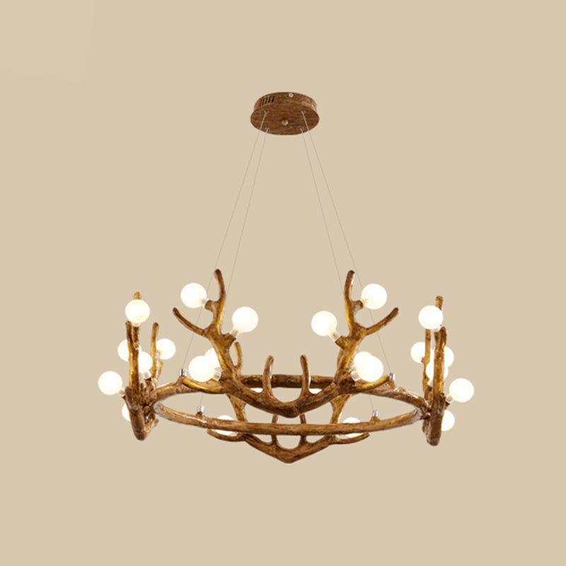 Vintage Resin Brown Led Chandelier Light - Antler Living Room Ceiling Lighting With Frosted Glass