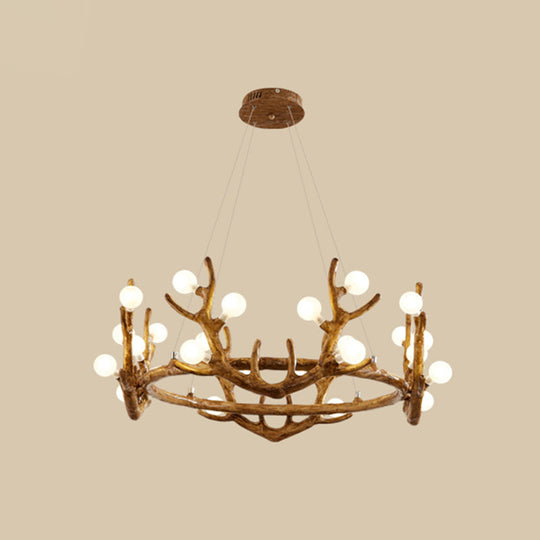 Vintage Resin Brown Led Chandelier Light - Antler Living Room Ceiling Lighting With Frosted Glass