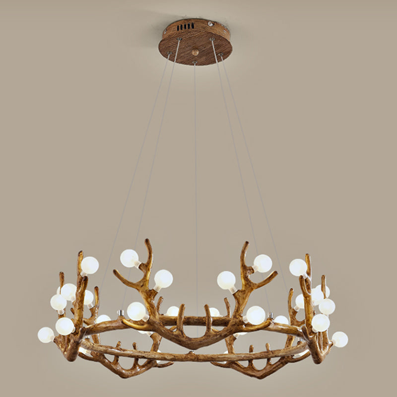 Vintage Resin Brown Led Chandelier Light - Antler Living Room Ceiling Lighting With Frosted Glass